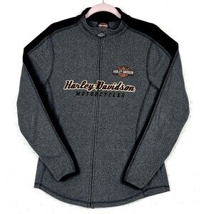 Harley Davidson Women’s SZ M Gray Black Fleece Jacket Lightweight Zip Classy